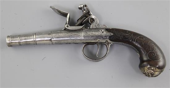 A cannon-barrelled flintlock boxlock pocket pistol, 7.75in.